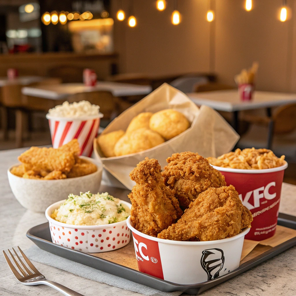 "A variety of fried chicken pieces from KFC, Popeyes, and Chick-fil-A served with sides like mashed potatoes, biscuits, and coleslaw, highlighting the unique offerings of each brand.