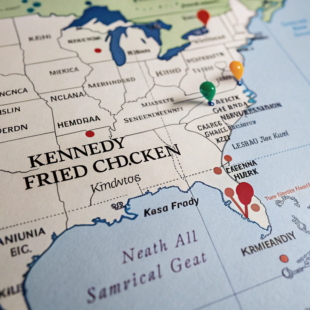 Map showing Kennedy Fried Chicken locations across the U.S. and internationally