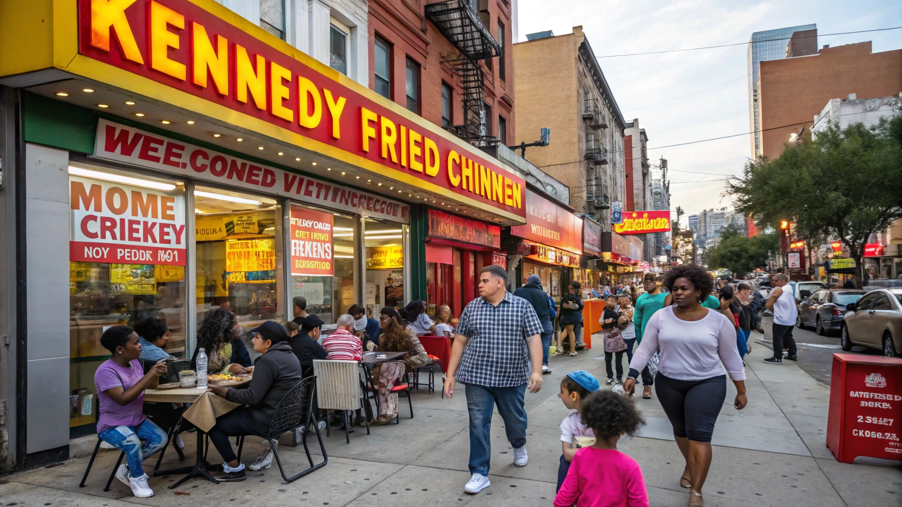 Kennedy Fried Chicken storefront in a bustling urban neighborhood with diverse customers enjoying the meal.