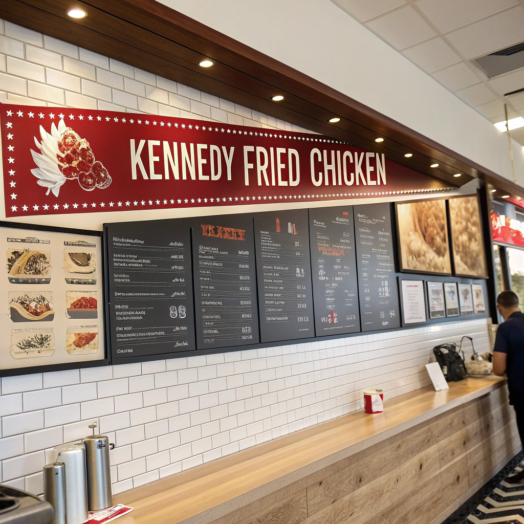 Kennedy Fried Chicken menu board showcasing various affordable fried chicken meal options and sides.