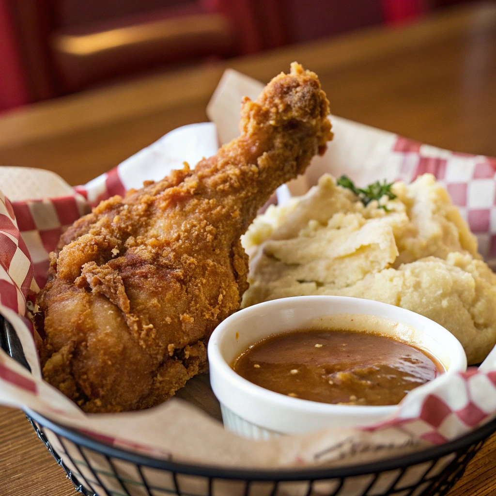 Close-up of crispy fried chicken drumstick with mashed potatoes and gravy from Kennedy Fried Chicken.