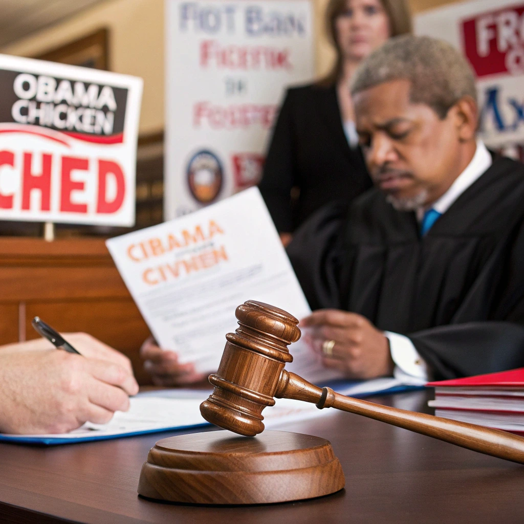 Courtroom scene illustrating the legal and ethical debates about the Obama Fried Chicken brand name, with a gavel and protest signs.