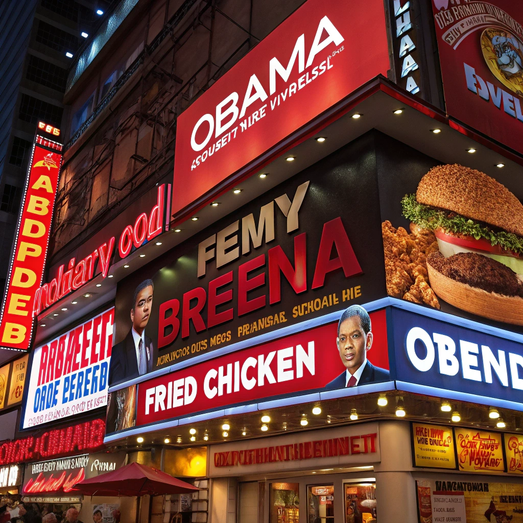 Digital collage of fast-food brands using pop culture references, including Obama Fried Chicken, in neon-lit street scenes.