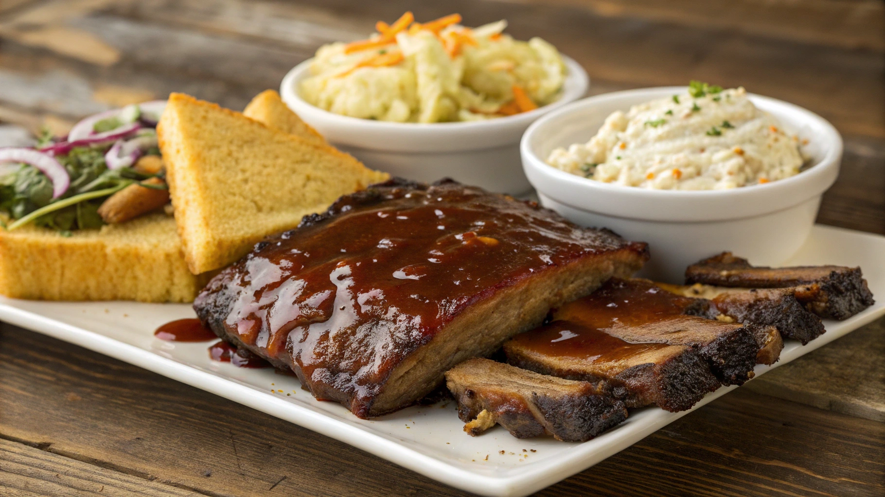 Delicious barbecue beef ribs served with cornbread, creamy coleslaw, and grilled vegetables on a rustic wooden table.