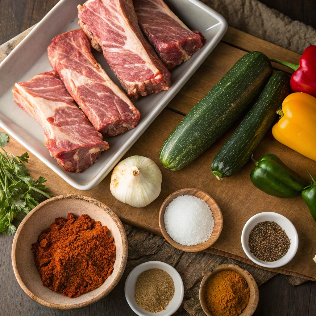 Ingredients for barbecue beef ribs including fresh ribs, spices, and vegetables arranged on a kitchen countertop.