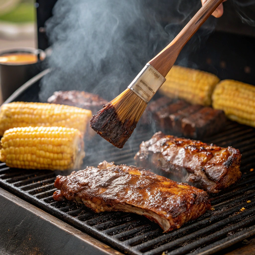 Barbecue beef ribs cooking on a grill with basting sauce, cornbread, and corn on the cob in the background.