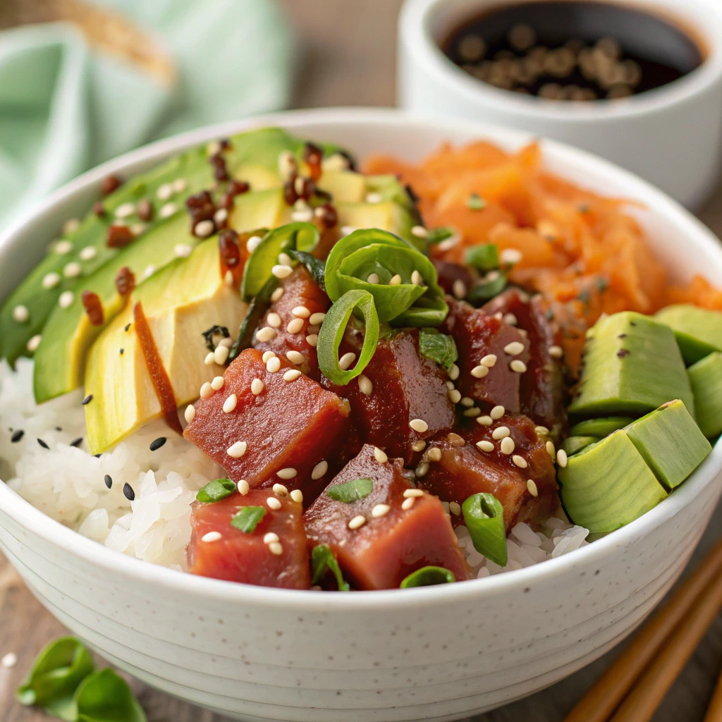 Customizable poke bowl with shrimp, brown rice, and fresh vegetables.

