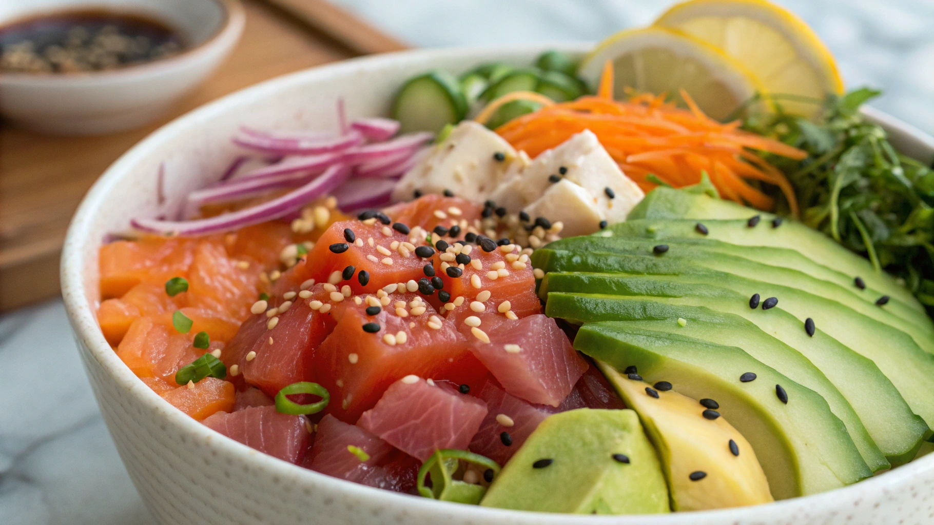 Healthy poke bowl with fresh salmon, avocado, and vegetables.