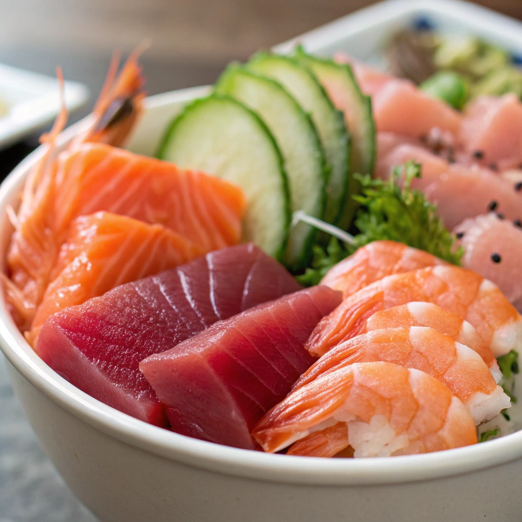 Fresh poke bowl with tuna, seaweed, cucumber, and edamame.

