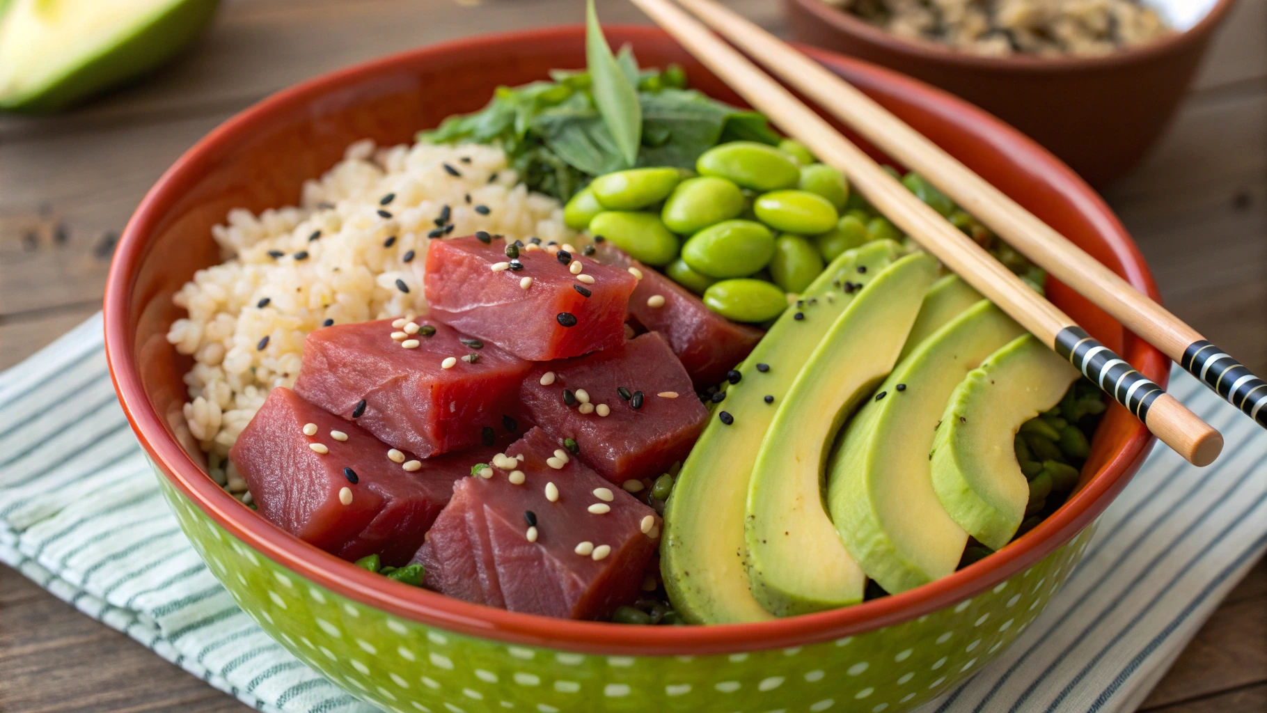 Calories in a Poke Bowl: Fresh tuna, brown rice, avocado, and edamame in a vibrant poke bowl.