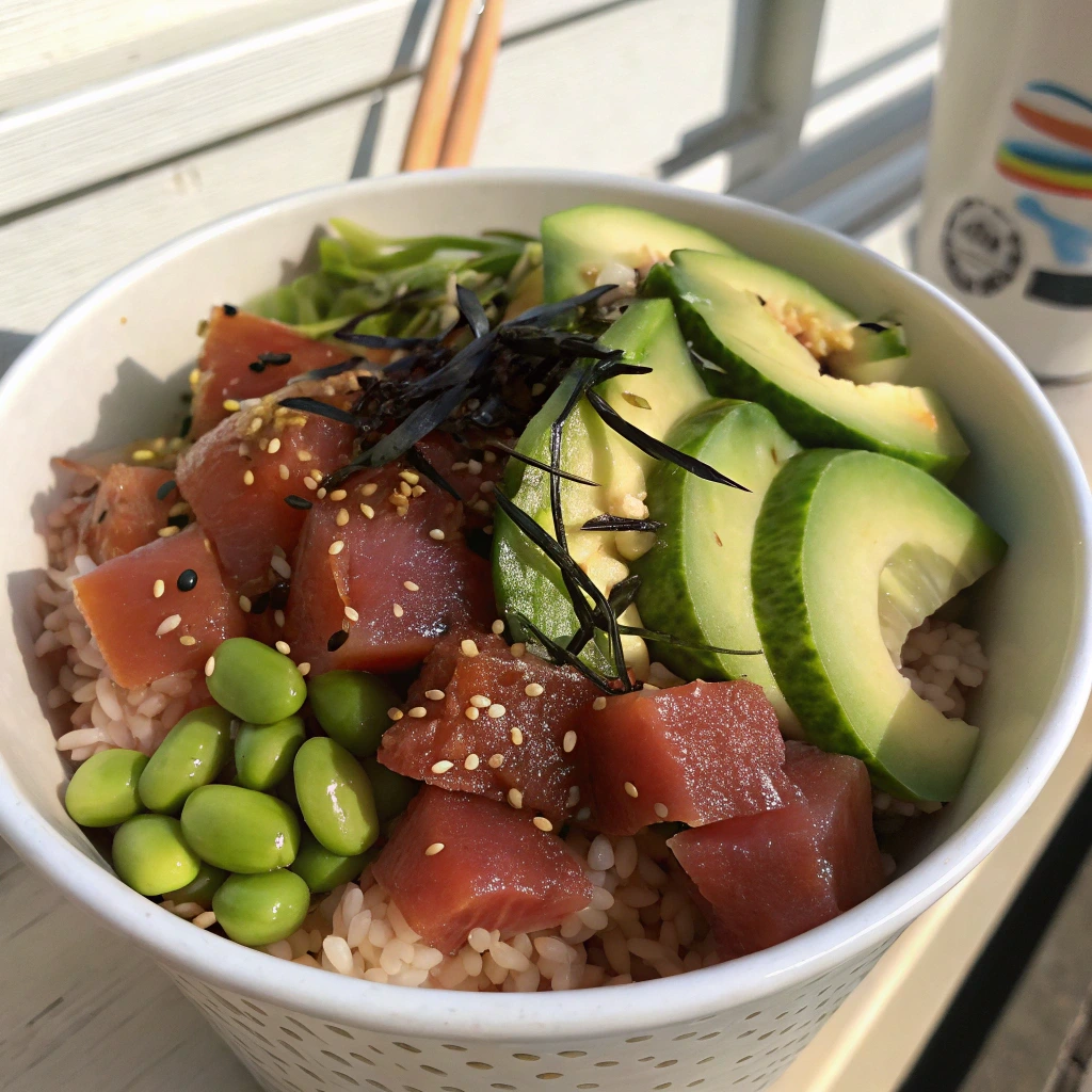  Calories in a Poke Bowl: A poke bowl with tuna, avocado, brown rice, and edamame, showing protein and base choices.