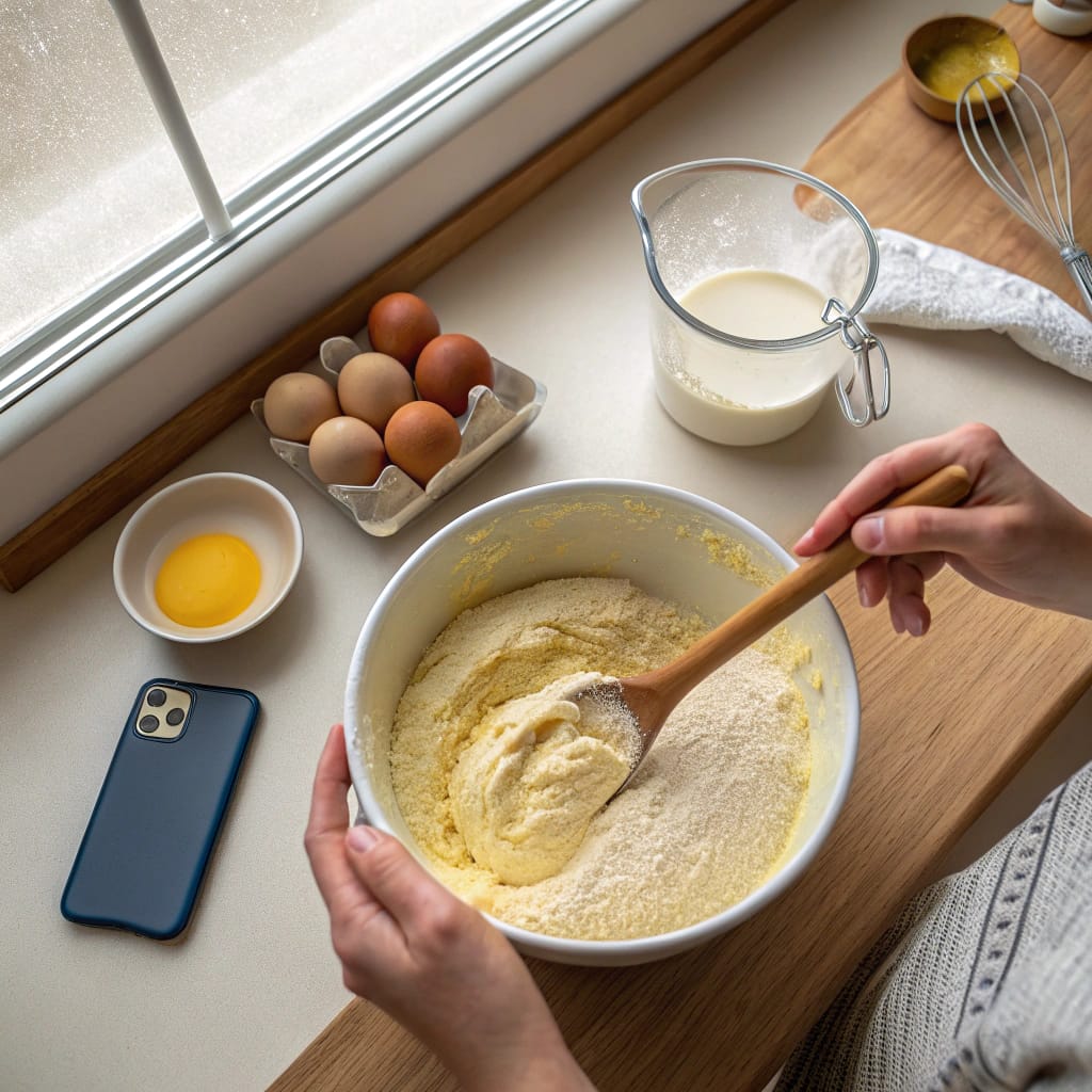 Mixing ingredients for cornbread with buttermilk, including flour, cornmeal, and eggs