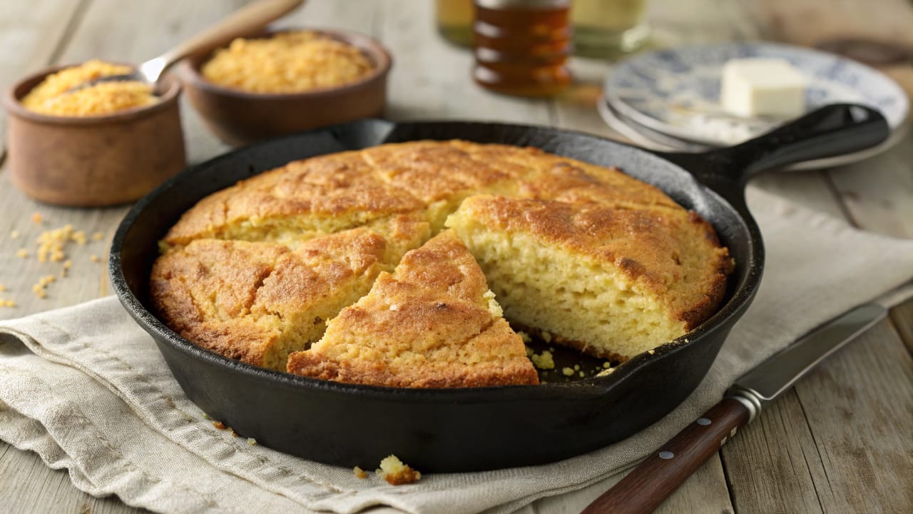 Southern cornbread baked in a cast-iron skillet, golden-brown and crispy, showing the texture and crumbly inside.