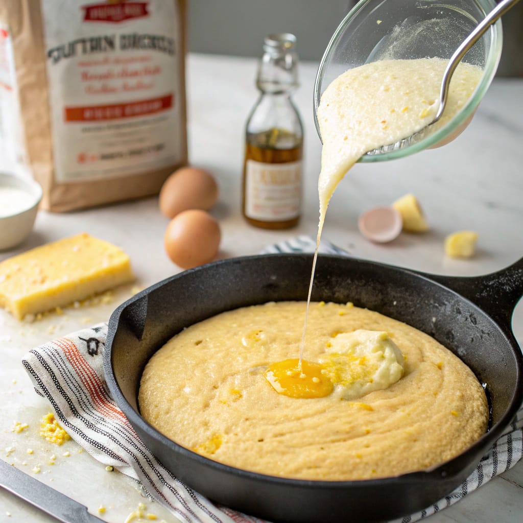 Southern cornbread batter being poured into a cast-iron skillet, ready for baking, with ingredients like cornmeal and lard in the background.