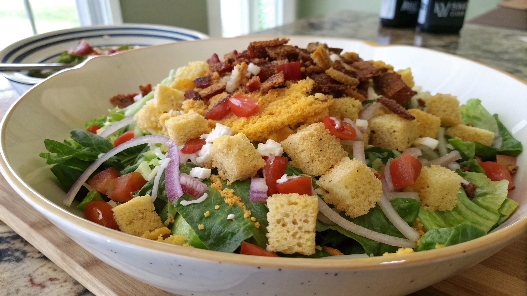 Cornbread salad with lettuce, crumbled cornbread, fresh vegetables, and creamy dressing in a large bowl.