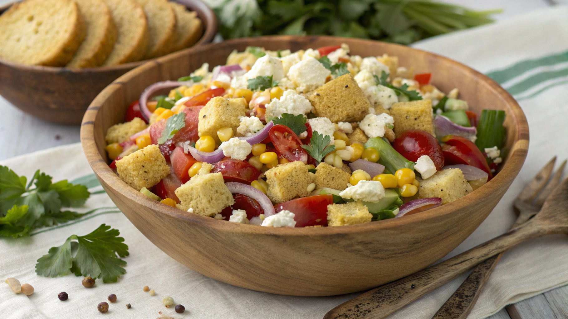 "Delicious homemade cornbread salad with fresh vegetables and creamy dressing served in a rustic wooden bowl