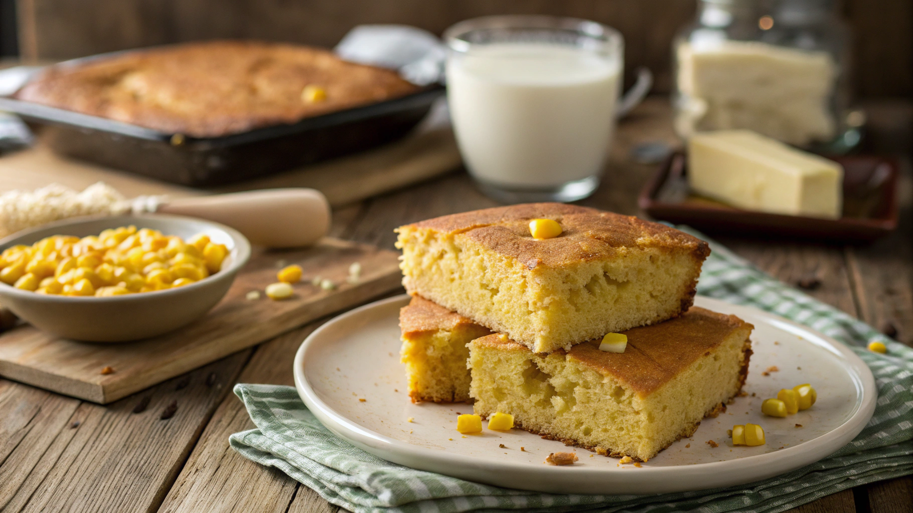 "Golden-brown cornbread with corn kernels, sliced to reveal a moist and soft interior on a rustic wooden table."