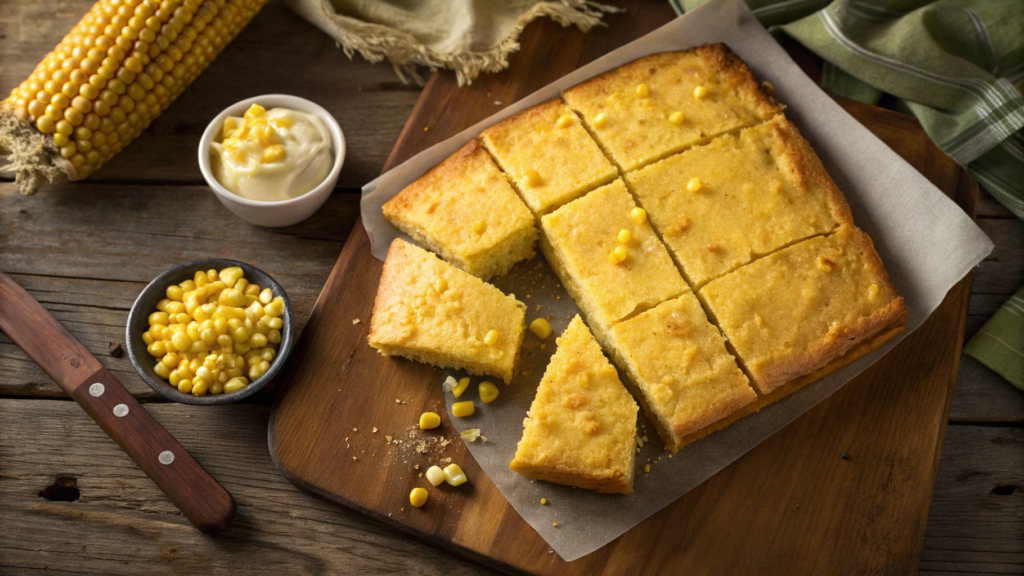 "Golden cornbread with creamed corn served on a rustic wooden table with extra creamed corn on the side."