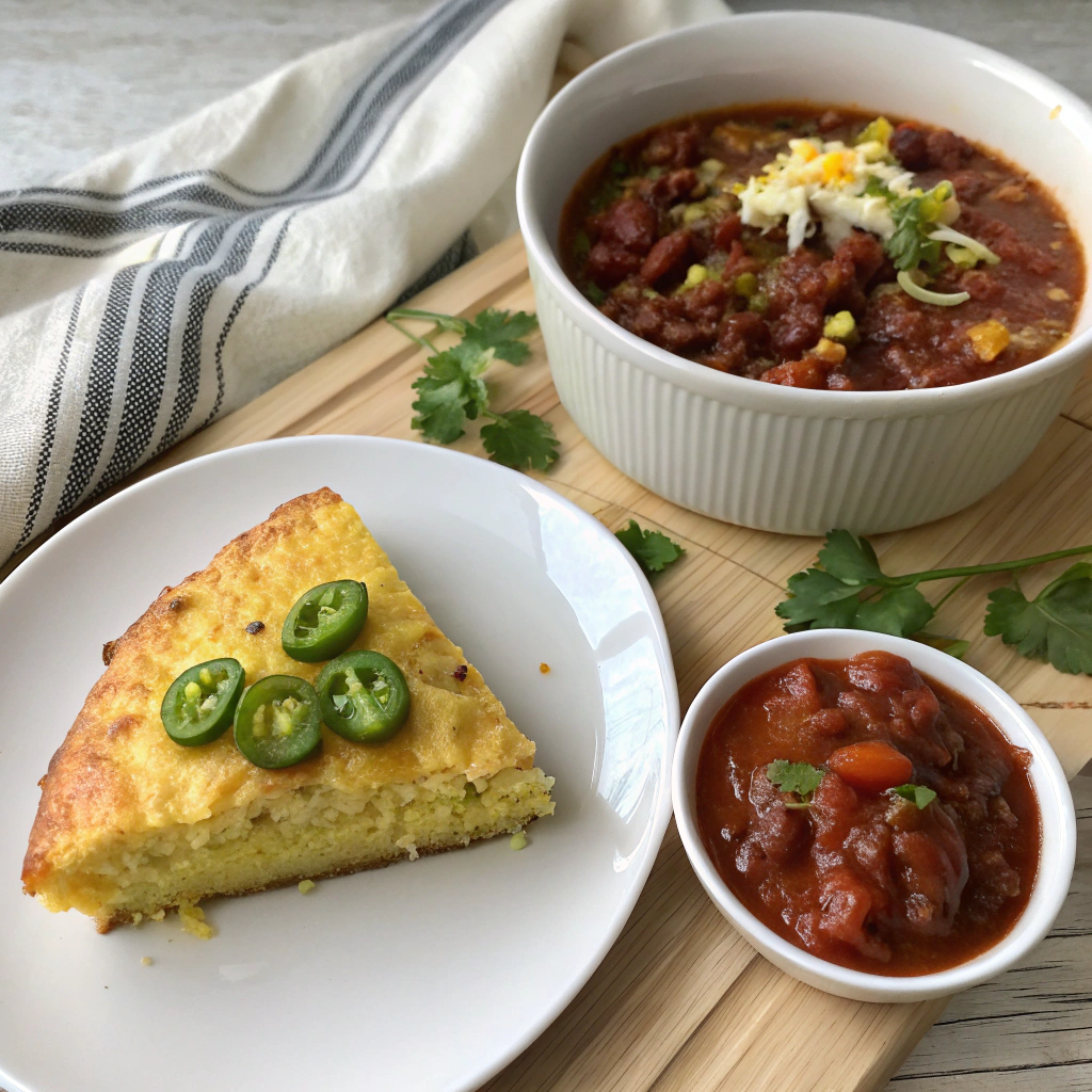 "Mexican cornbread served with chili and fresh salsa — the perfect pairing."