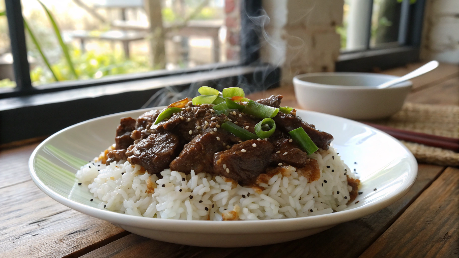 Beef Pepper Rice Sauce served with tender beef and fluffy rice, garnished with green onions and black pepper.