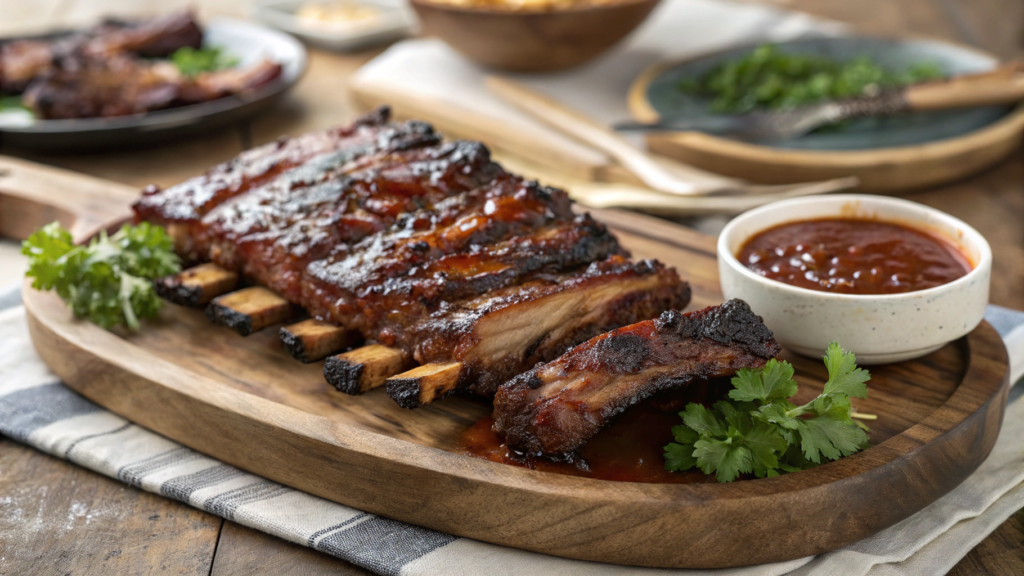 Perfectly grilled beef ribs with barbecue glaze and garnish, showcasing the final outcome of the recipe.