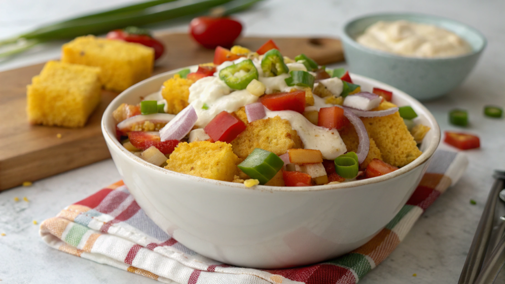 Old Fashioned Cornbread Salad with Mayonnaise in a bowl, featuring cornbread chunks, tomatoes, bell peppers, onions, and creamy dressing.