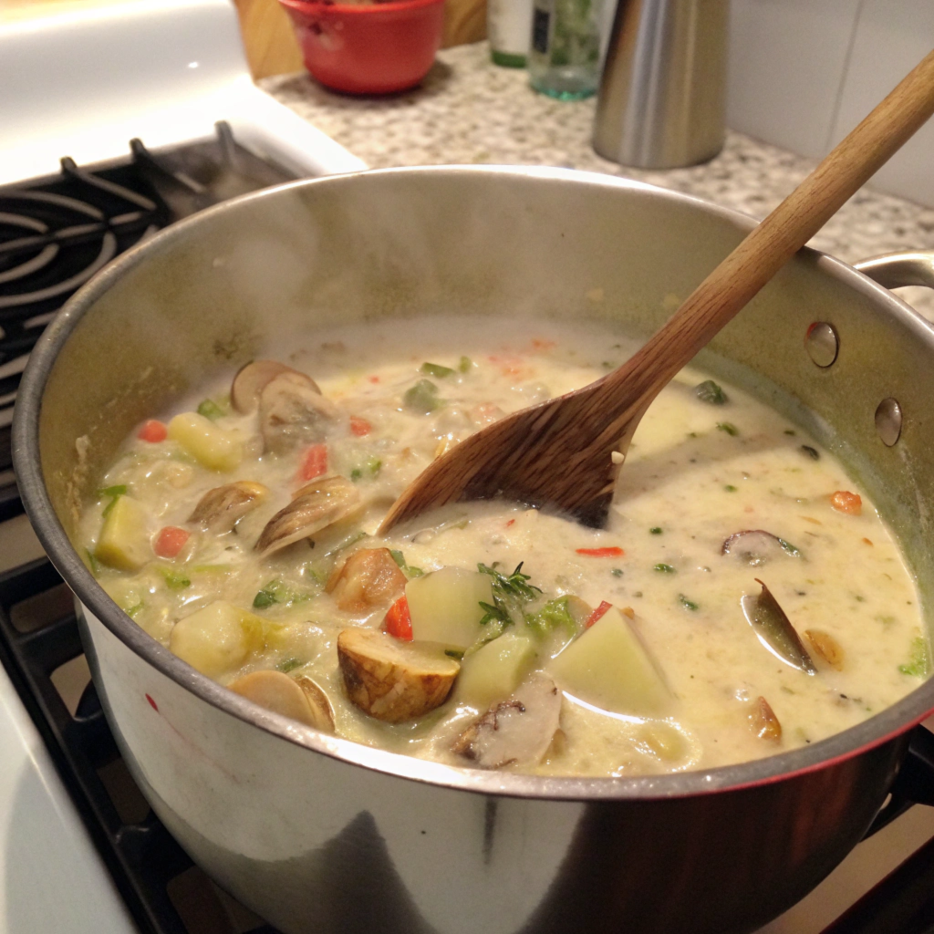 Clam chowder being stirred in a pot with visible chunks of potatoes and clams.
