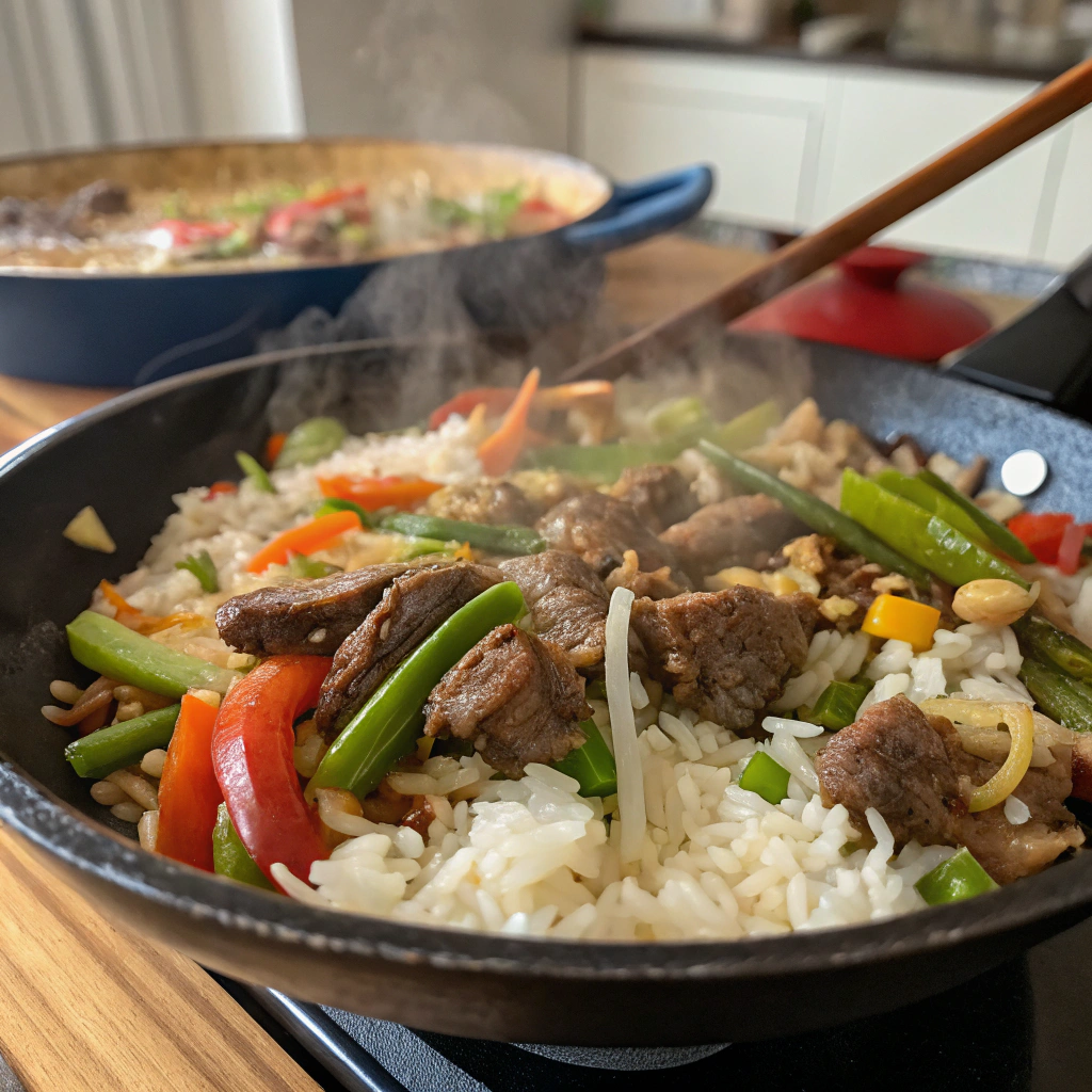 Cooking process of Pepper Rice with sizzling beef and vegetables on a hot plate