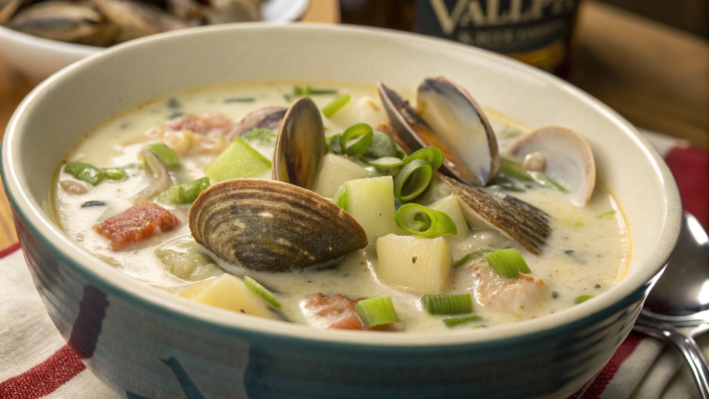 Halal clam chowder bowl with clams, potatoes, and celery in creamy broth, showcasing the final outcome of a delicious halal clam chowder recipe."