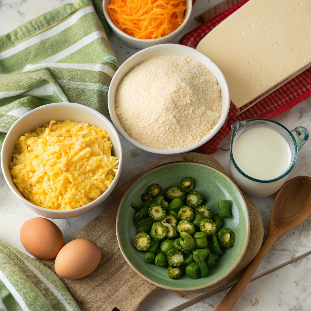 "Ingredients for Mexican cornbread including cornmeal, cheese, jalapeños, eggs, and milk arranged on a kitchen counter."

