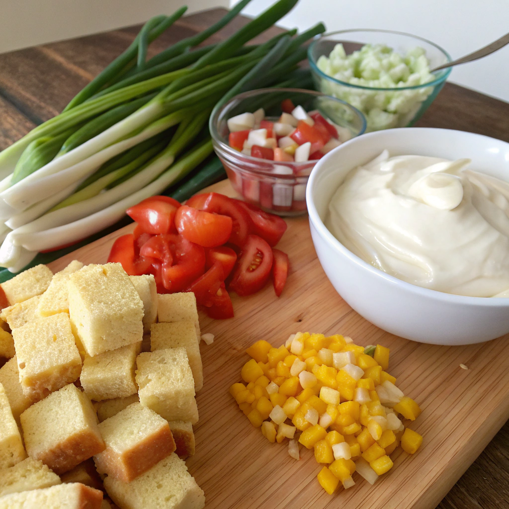 Ingredients for Old Fashioned Cornbread Salad, including cornbread chunks, tomatoes, bell peppers, onions, and mayonnaise, ready for preparation.