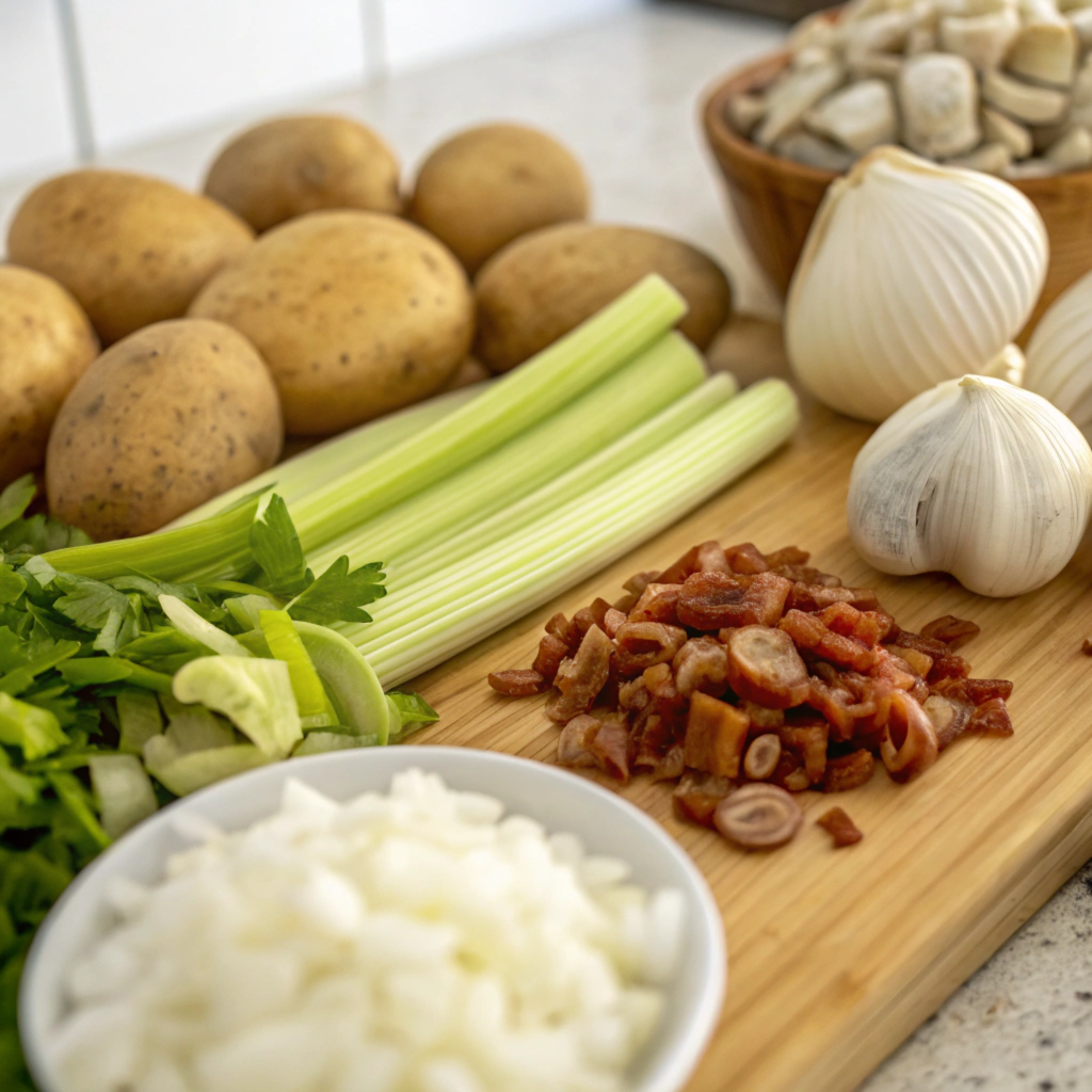 Chopped ingredients for clam chowder: fresh clams, potatoes, celery, garlic, and bacon