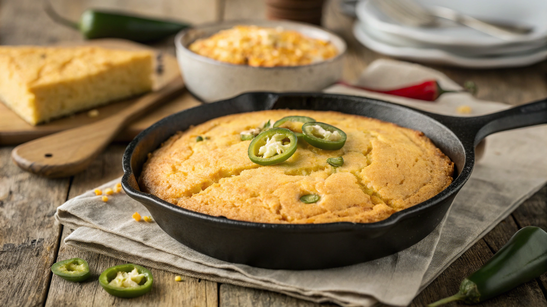 "Mexican cornbread freshly baked in a skillet with cheese and jalapeños, served as a delicious side dish."