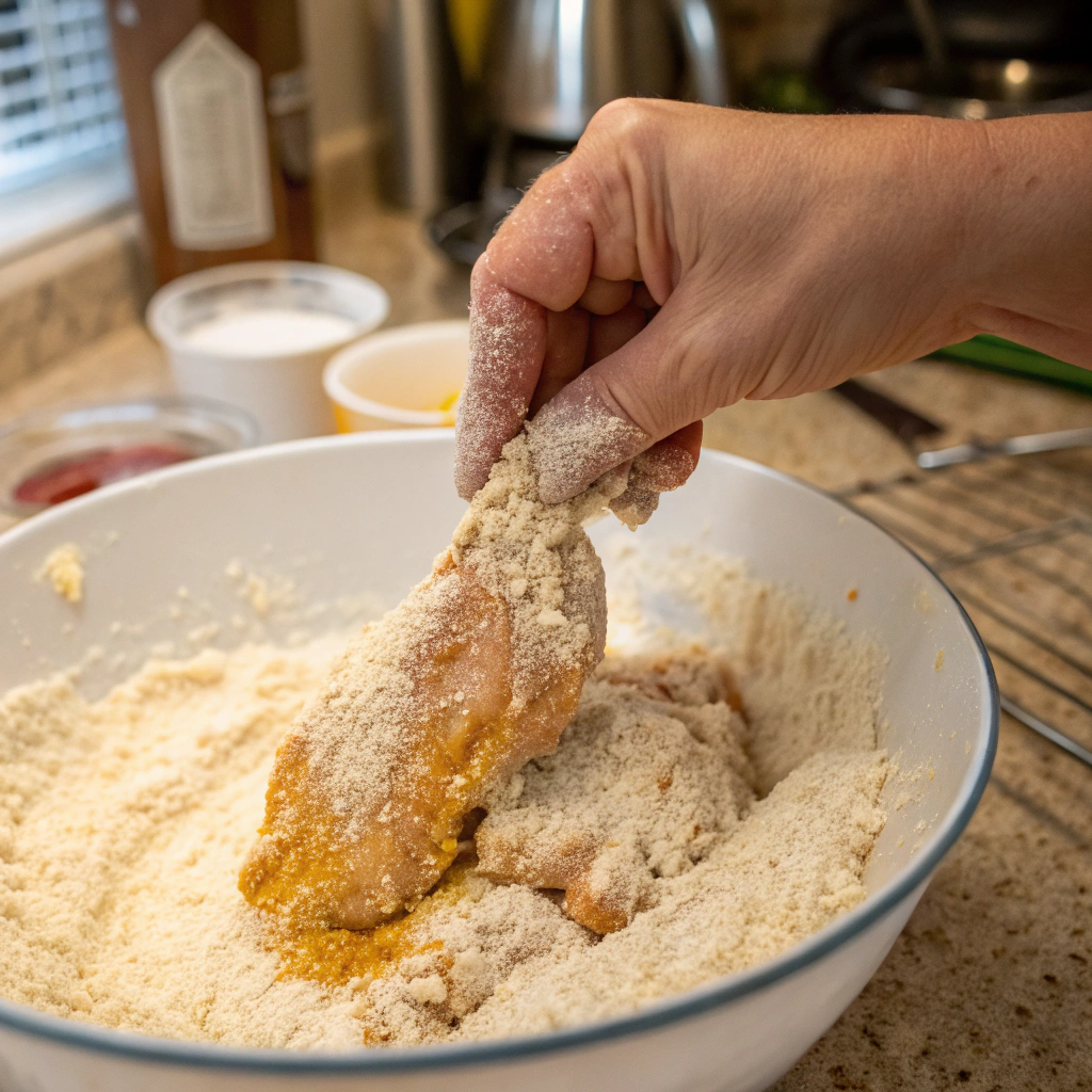 Marinated chicken being coated in seasoned flour for the Kennedy Fried Chicken recipe.