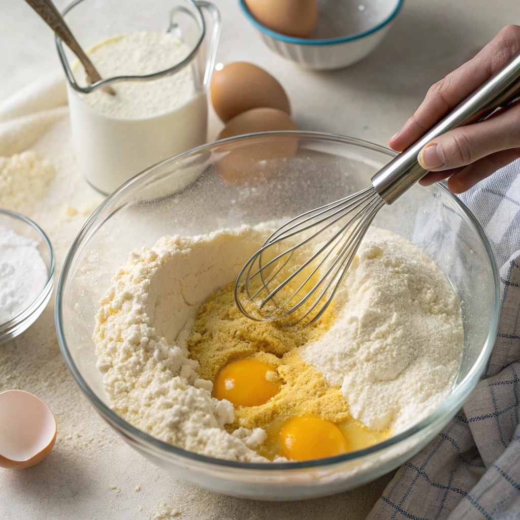 "Mixing cornbread ingredients like cornmeal, flour, eggs, and buttermilk with a whisk in a bowl."