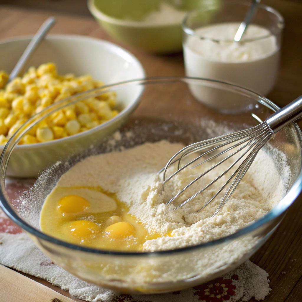 "Whisking together dry ingredients for cornbread with corn kernels, ready for mixing with wet ingredients."