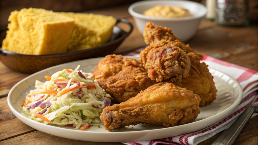 Delicious Kennedy Fried Chicken meal with crispy chicken, mashed potatoes, coleslaw, and cornbread served on a wooden table.