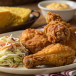 Delicious Kennedy Fried Chicken meal with crispy chicken, mashed potatoes, coleslaw, and cornbread served on a wooden table.