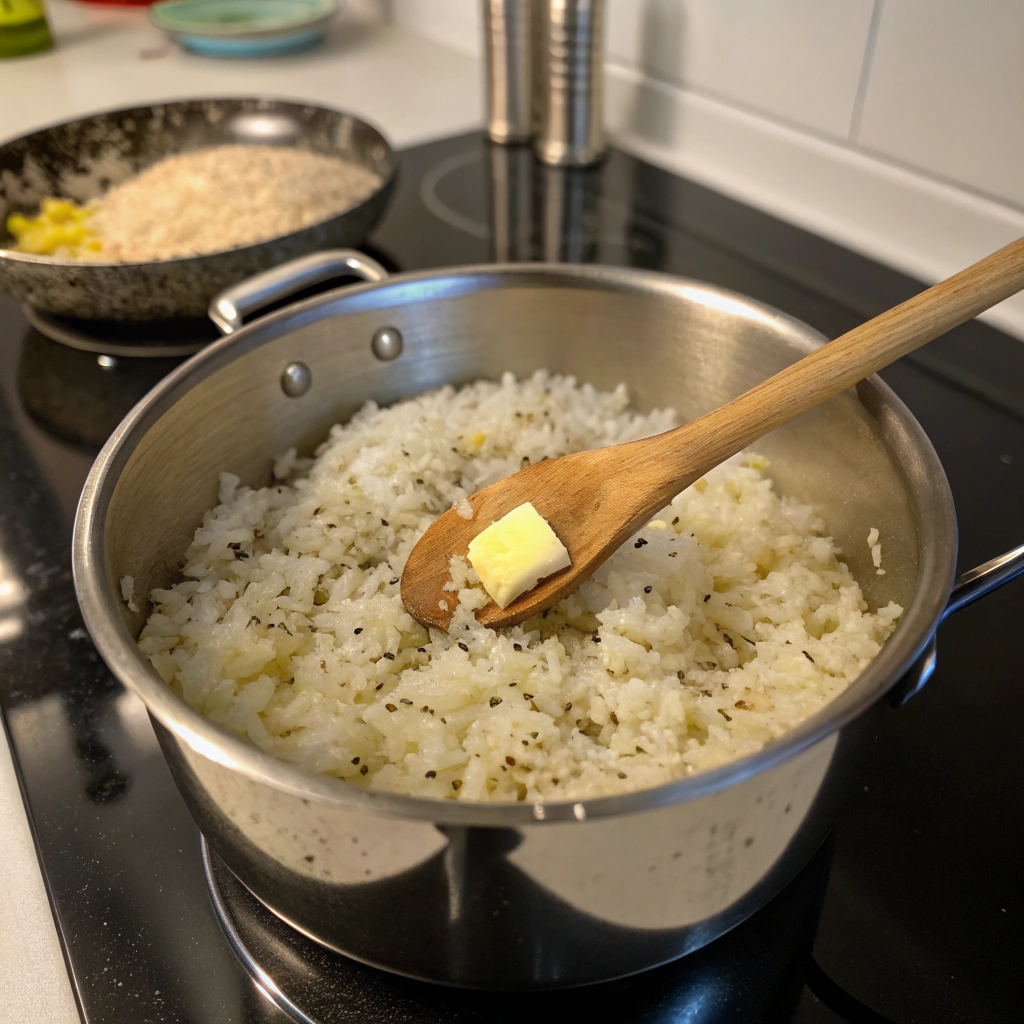 Cooking rice with butter and black pepper in a saucepan, showing the preparation process.