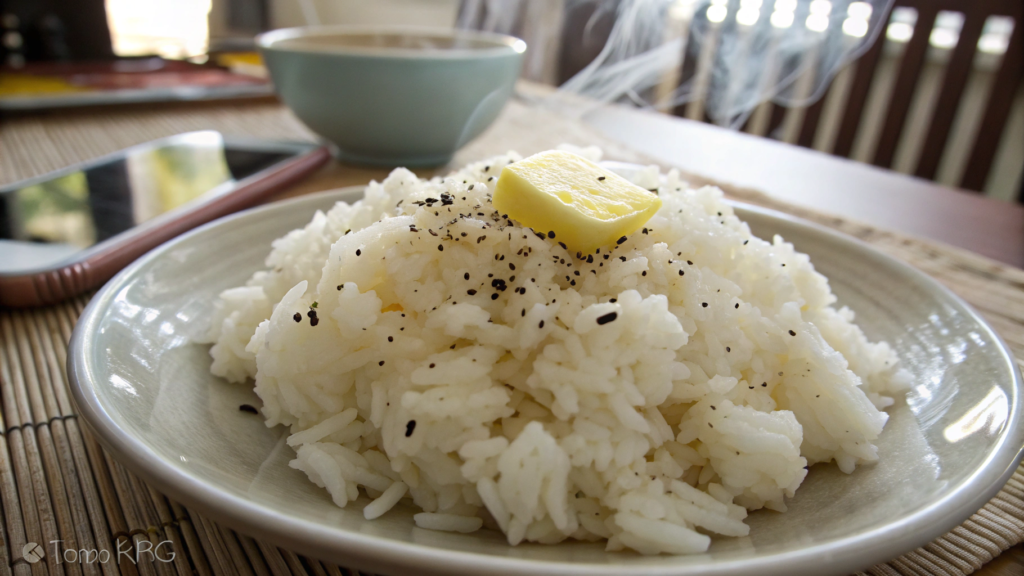 Steaming plate of fluffy rice seasoned with black pepper, showcasing the final result of a pepper rice recipe.