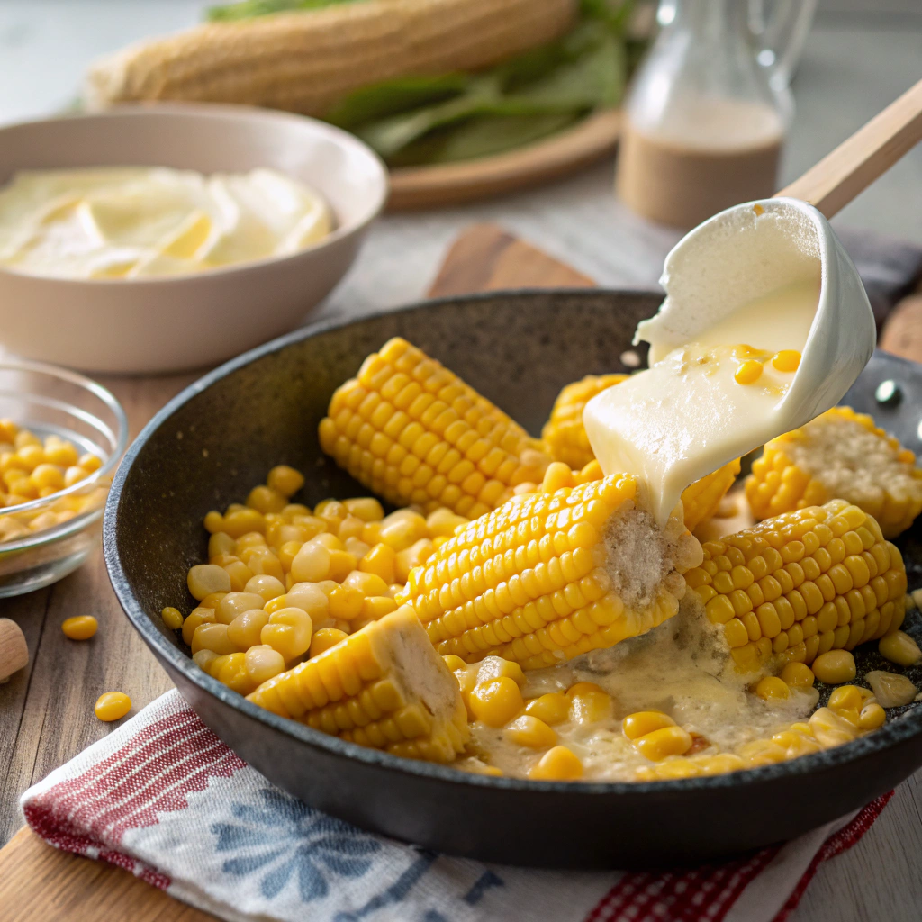 "Fresh corn kernels being added to a pan with butter and cream, preparing creamed corn from scratch."