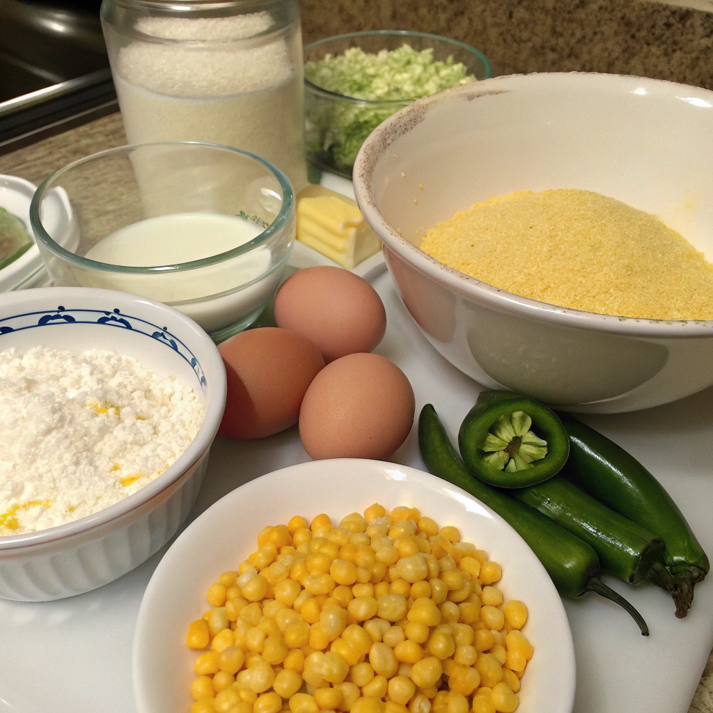 Ingredients for Mexican cornbread including cornmeal, flour, eggs, jalapeños, onions, and corn kernels.