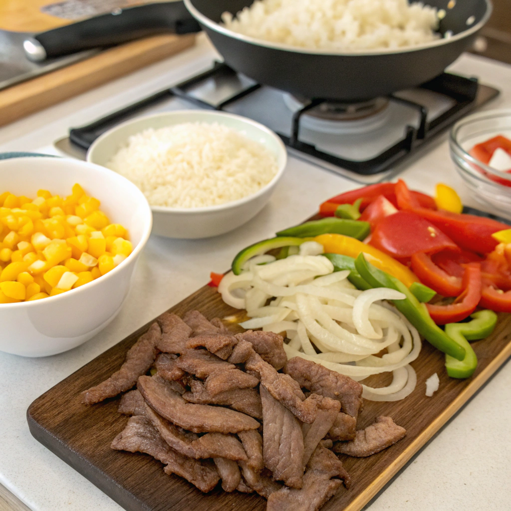 "Preparing ingredients for Pepper Lunch with sliced beef, bell peppers, onions, and corn on a cutting board."

