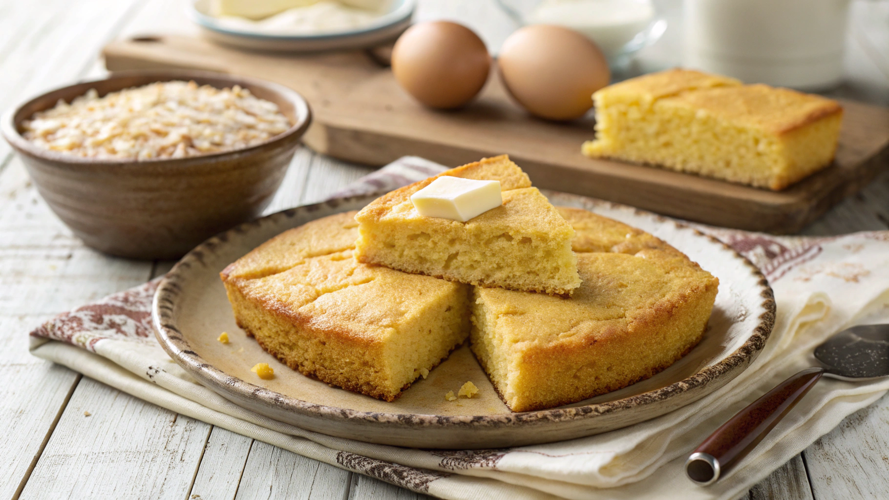 Southern cornbread served with melted butter, golden crust and fluffy interior, perfect for family meals.