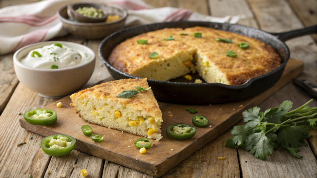 Golden-brown Mexican cornbread with jalapeños, onions, and corn kernels served with sour cream.