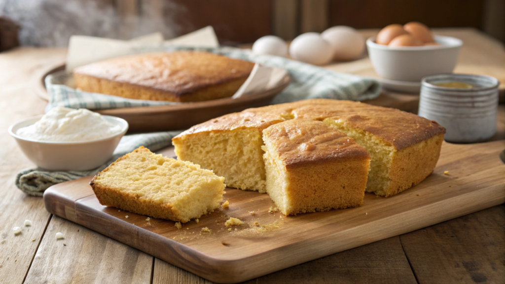 "Freshly baked buttermilk cornbread served on a rustic wooden board, showcasing a golden crust and soft, moist interior."