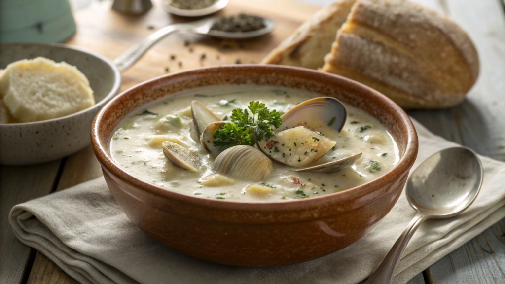 A bowl of thick and creamy clam chowder garnished with parsley and served with crusty bread.