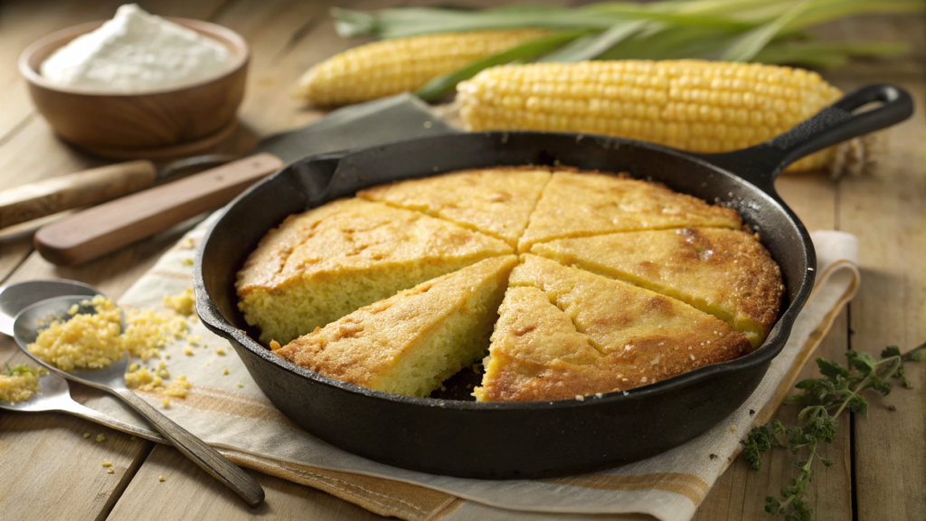 Freshly baked golden cornbread in a cast-iron skillet with a crispy crust and fluffy interior.