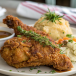 Golden, crispy fried chicken served with mashed potatoes and coleslaw, showcasing the Kennedy Fried Chicken recipe.