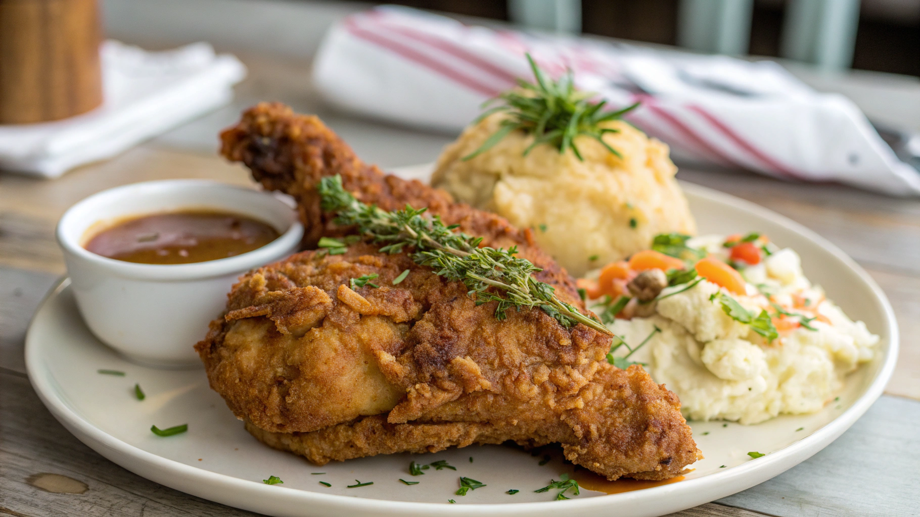 Golden, crispy fried chicken served with mashed potatoes and coleslaw, showcasing the Kennedy Fried Chicken recipe.